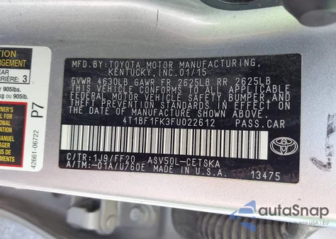 2015 Toyota Camry Se from USA, damaged, VIN 4T1BF1FK3FU022612